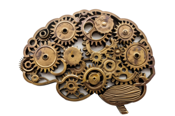 The human brain with mechanical gears isolated on a transparent background