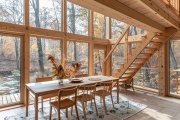 Dining room decorate with wooden. Scandinavian interior design