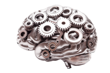 The human brain with mechanical gears isolated on a transparent background