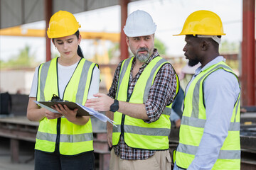 Senior engineer and foreman worker team inspect the construction site, Site manager and builder team meeting for planning project at construction site