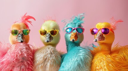 A group of ducks in strange clothes Mismatched colorful clothes isolated on bright background advertising, copy space birthday party invitation invitation banner