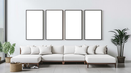 Living room interior design inspiration with empty poster frames on grey walls and a comfortable grey sofa