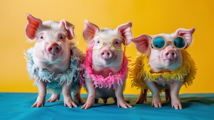 Obraz premium creative animals A group of piglet pigs in strange, mismatched and brightly colored outfits are isolated on a new background ad. birthday party invitation banner