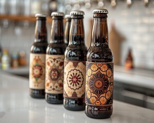 Artisanal beer bottles with custom labels arranged neatly on a white countertop, with a focus on the detailed artwork and craftsmanship