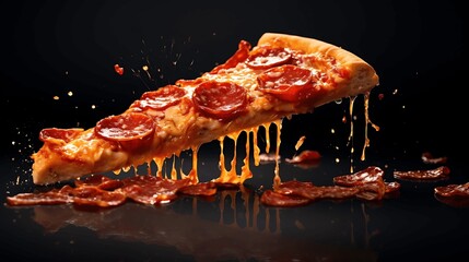 A hot pizza slice with dripping melted cheese. Generative AI