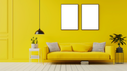 Living room interior design inspiration with empty poster frames on yellow walls and a comfortable yellow sofa
