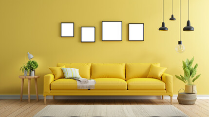 Fototapeta premium Living room interior design inspiration with empty poster frames on yellow walls and a comfortable yellow sofa