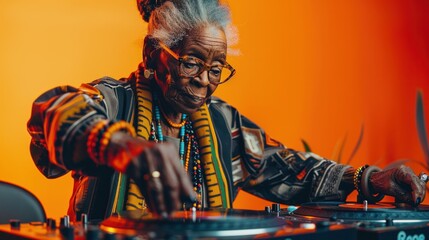 Obraz premium Funky DJ Grandma dances and plays electro music on a turntable.