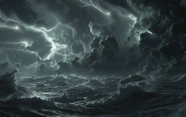 Lightning strikes in the sky, dramatic storm clouds above the clouds, ocean waves