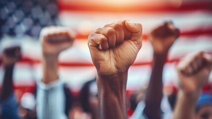 Raised fist of African American in front of US flag, symbolic fighting gesture to protest against racism and racial discrimination for change.