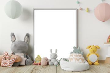 Modern children's room interior with transparent poster frame mockup