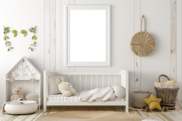 Modern children's room interior with transparent poster frame mockup
