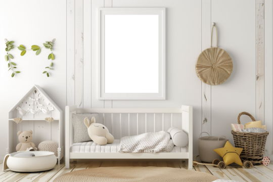 Modern children's room interior with transparent poster frame mockup