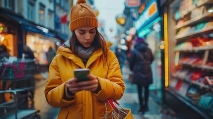 Woman using mobile smartphone for online shopping and digital banking via mobile app Customers buy things from online stores.