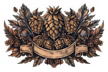 Complex beer label design featuring layered symbols of brewing elements, intricate hops and barley motifs, vintage style, isolated white background