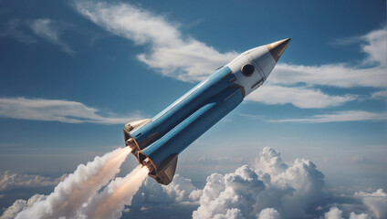 Blue space rocket launching, spacecraft floating in cloudy sky,  astronomical exploration journey