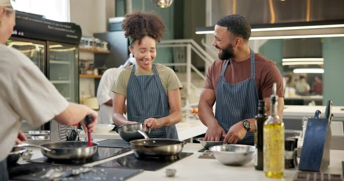 Man, woman and class for cooking in restaurant for relationship, bonding with food for memories. Couple, happiness or learning in kitchen with teamwork or collaboration, connection and communication