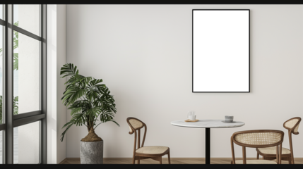 Empty poster frame mock-up in cafe. modern bar interior with poster