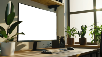 Modern bright private room with a work desk and computer white mock-up screen