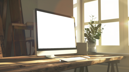 Modern bright private room with a work desk and computer white mock-up screen