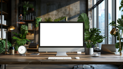 Modern bright private room with a work desk and computer white mock-up screen
