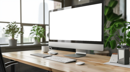 Modern bright private room with a work desk and computer white mock-up screen