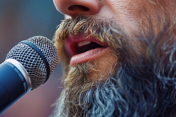 Intense close-up of a bearded man passionately singing into a microphone, capturing emotion and detail