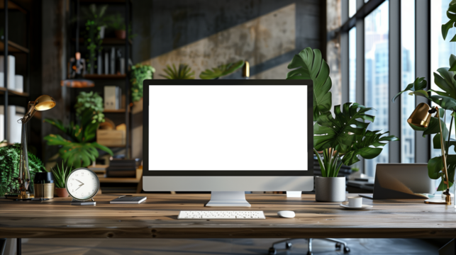Modern bright private room with a work desk and computer white mock-up screen - Powered by Adobe