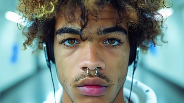 A young Hispanic man with distinctive nose piercings, intensely listening to music through headphones, capturing a moment of deep concentration