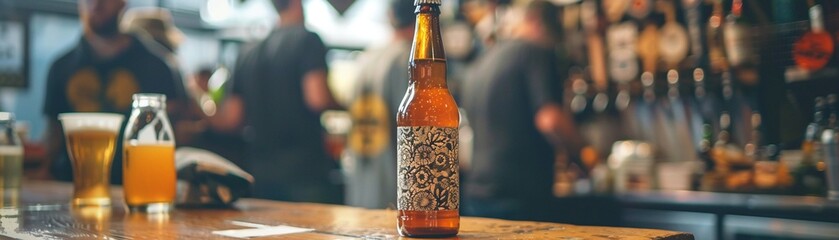 Exclusive beer release event with a close-up of a limited edition bottle, beautifully designed label, and a small crowd in the background