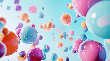 Vibrant Multicolored Bubble Background with Floating Spheres and Copy Space - Colorful Matte and Glossy Balls on Light Blue Backdrop