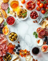 Flat lay of various craft beers paired with gourmet snacks, including cheeses, meats, and fruits, all arranged on a white marble surface with copy space