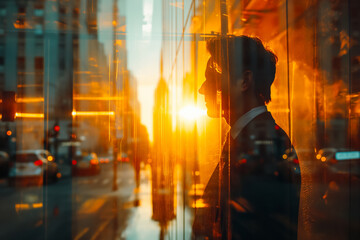 Obraz premium Double exposure, Stressed businessman, city lights and stock graph
