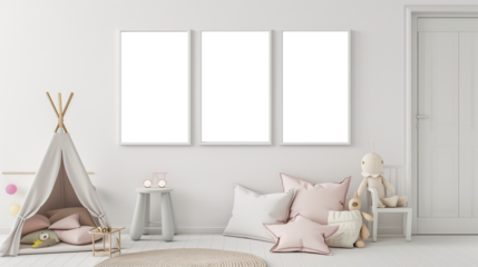 Modern children's room interior with transparent poster frame mockup