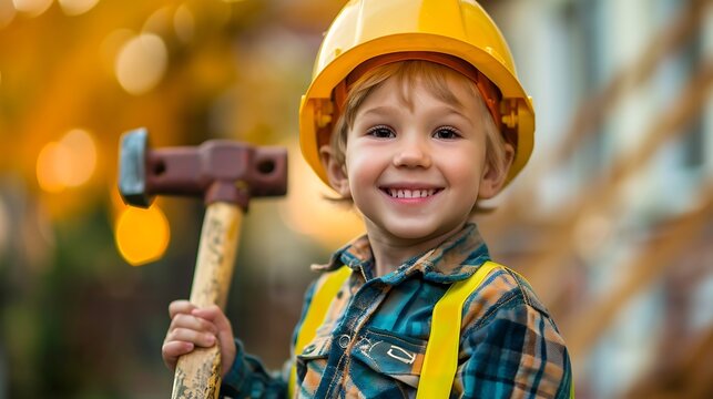 Cheerful boy dressed as a construction worker with a toy hammer