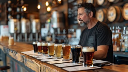 Guided beer tasting setup with multiple beer flight samplers on a wooden table, accompanied by tasting notes and a knowledgeable guide explaining each brew