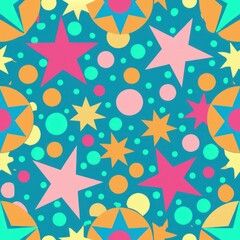 Seamless pattern of retro-inspired polka dots and stars in bright, neon colors, perfect for a fun and playful gift wrap, Generative AI