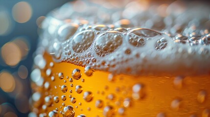 Intricate close-up of beer foam atop a glass of golden ale, showcasing the fine bubbles and fresh, frothy head, with subtle background blur