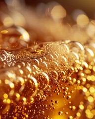 Macro view of the bubbly surface of a golden ale, showing the delicate foam and carbonation, with a warm, inviting background