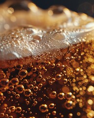 Macro shot of a freshly poured golden ale, showcasing the frothy foam and the effervescent bubbles on the surface, with a warm, golden hue