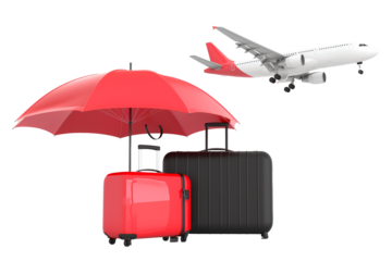 Red umbrella with the plane and traveller suitcase isolated on a transparent background