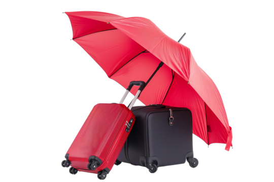 Red umbrella with the plane and traveller suitcase isolated on a transparent background