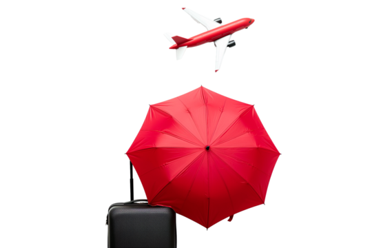 Red umbrella with the plane and traveller suitcase isolated on a transparent background - Powered by Adobe