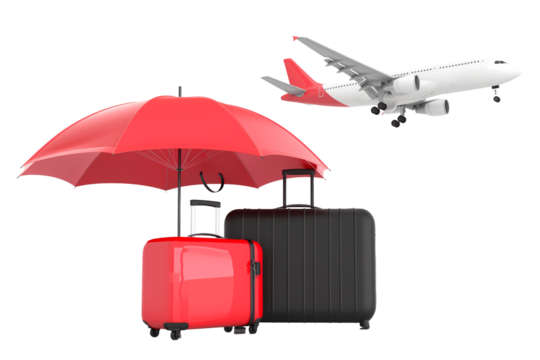 Red umbrella with the plane and traveller suitcase isolated on a transparent background