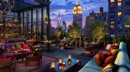 A rooftop bar with a view of the city skyline