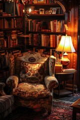 A cozy reading nook with a chair, lamp, and books