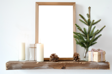 Square wooden frame mockup with pine branches and gift box on table with white wall background
