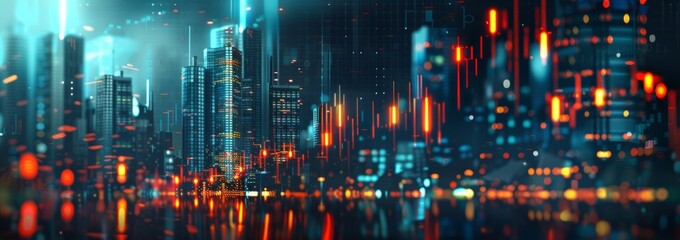 Fototapeta premium Abstract background of stock market or digital data with glowing light bokeh and pixelated effect. Digital technology concept