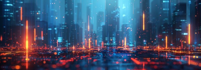 Fototapeta premium Abstract background of stock market or digital data with glowing light bokeh and pixelated effect. Digital technology concept