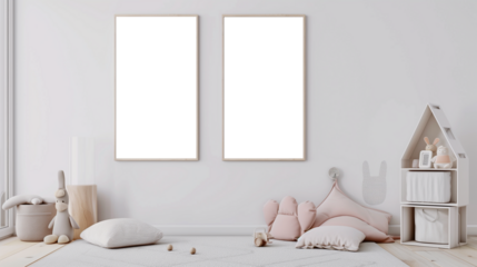 Modern children's room interior with transparent poster frame mockup